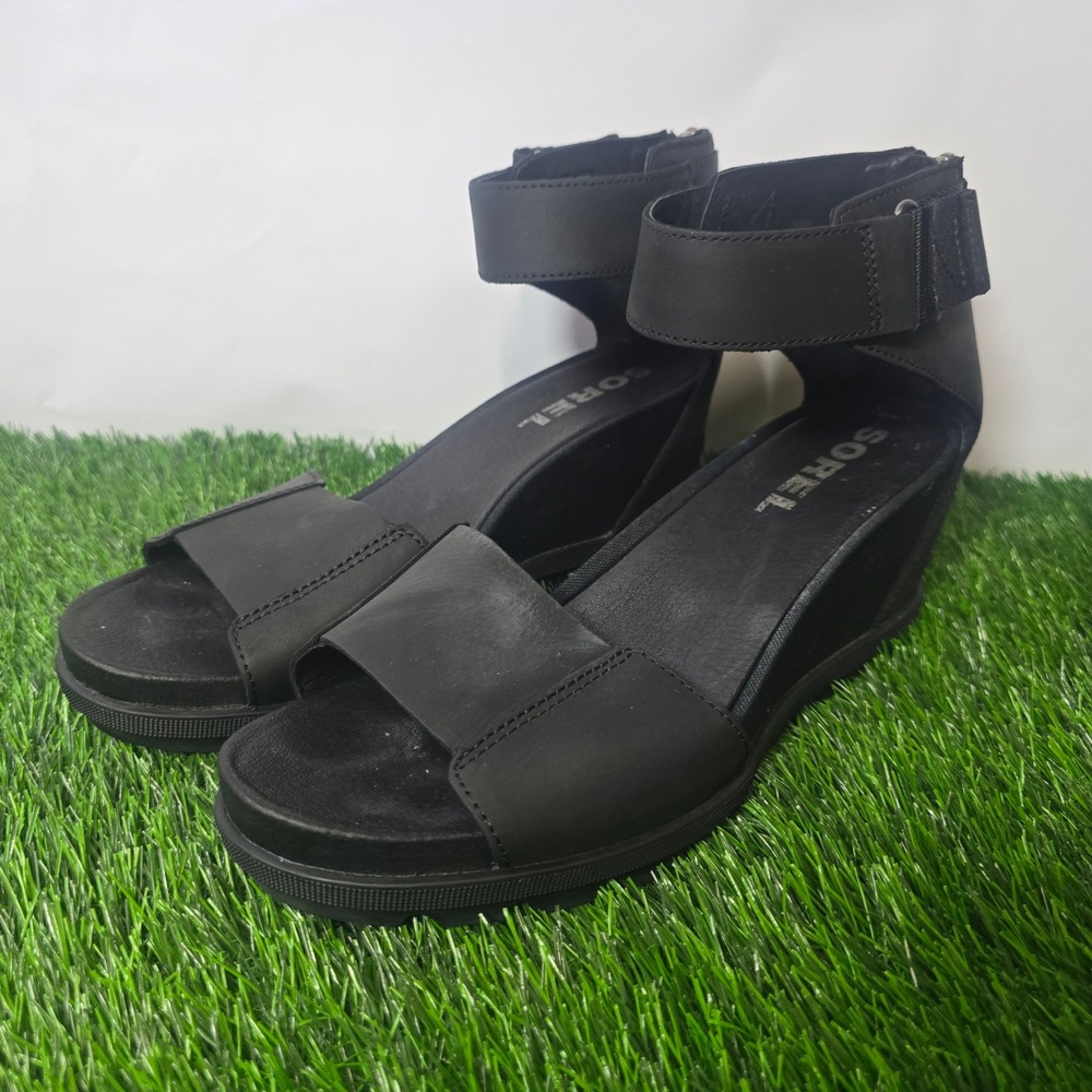 Sorel 11 Black Joanie II Ankle Strap Wedge Sandals Womens Leather NL3217-010
